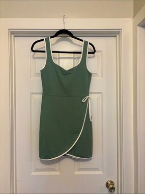 Lulu's Sage Green Sleeveless Wrap-Accent Mini Dress with White Trim